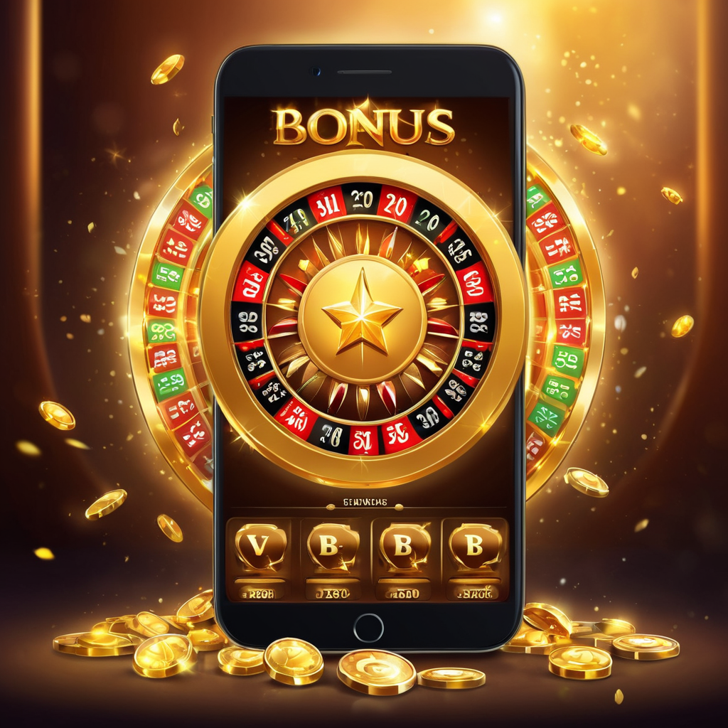 Um conceito de tela de bônus luxuoso e elegante para um aplicativo de cassino móvel. Um smartphone moderno exibe uma roda de bônus animada ou rolos de slot com a palavra 'BIG BONUS' brilhando em letras douradas. Ao redor do telefone — fichas douradas flutuantes, pedras preciosas brilhantes, cartões VIP e um fundo de veludo vermelho com iluminação suave. Um botão de chamada para ação na parte inferior diz 